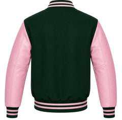 Hunter green wool varsity jacket with pink cowhide sleeves, back view