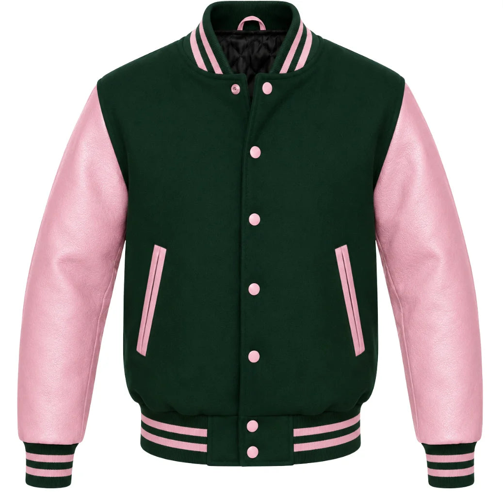 Hunter green melton wool varsity jacket with pink leather sleeves, front view