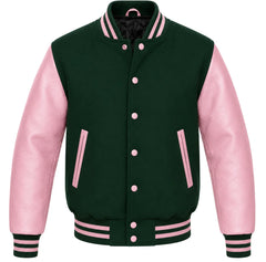 Hunter green melton wool varsity jacket with pink leather sleeves, front view