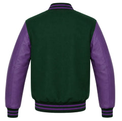 Hunter green wool varsity jacket with purple cowhide sleeves, back view
