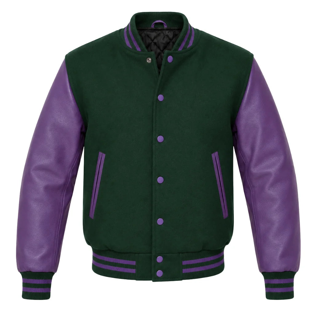 Hunter green melton wool varsity jacket with purple leather sleeves, front view