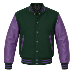 Hunter green melton wool varsity jacket with purple leather sleeves, front view