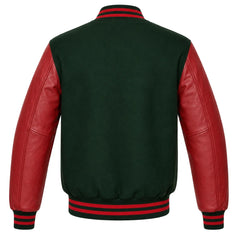 Hunter green wool letterman jacket with red cowhide sleeves, back view