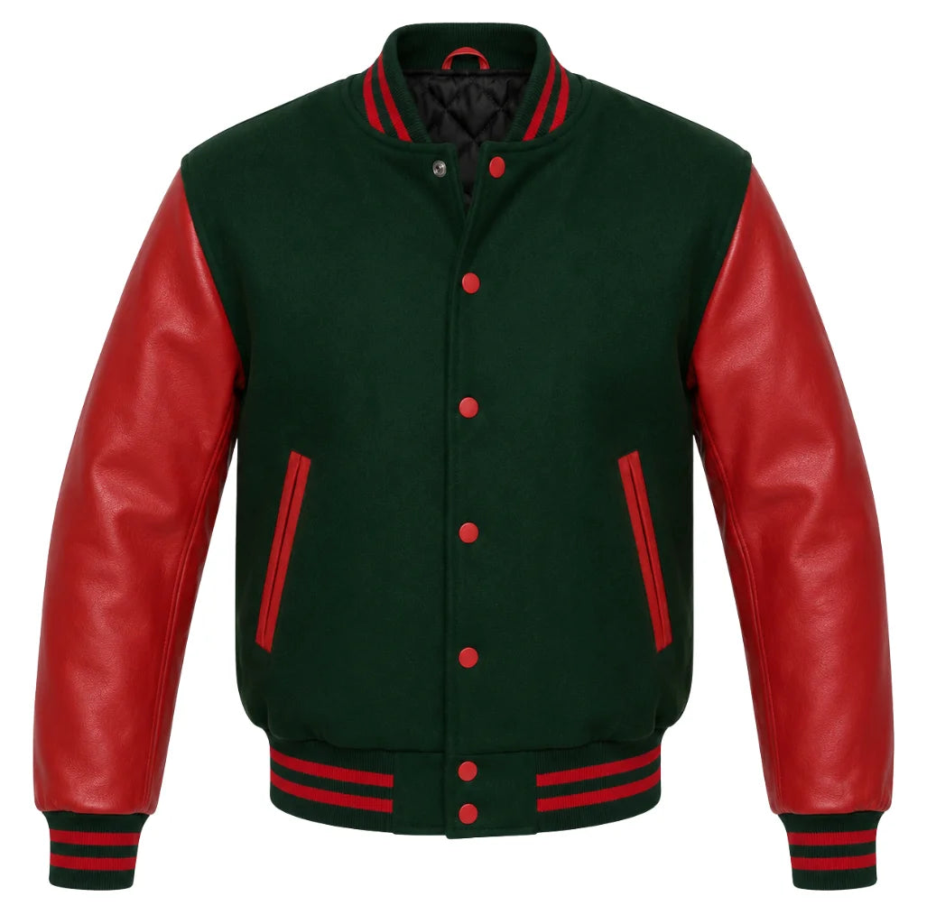 Hunter green melton wool letterman jacket with red leather sleeves, front view