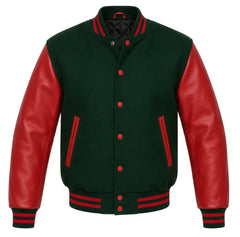 Hunter green melton wool letterman jacket with red leather sleeves, front view