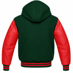 Hunter Green and Red Varsity Jacket with Hood