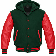Hunter Green and Red Varsity Jacket with Hood