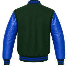 Hunter green wool letterman jacket with royal blue leather sleeves, back view