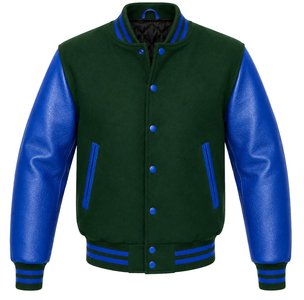 Hunter green melton wool letterman jacket with royal blue leather sleeves, front view