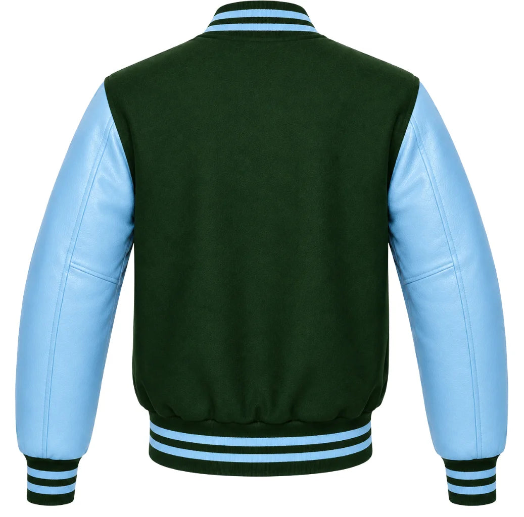 Hunter green wool varsity jacket with sky blue cowhide sleeves, back view