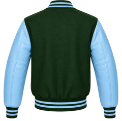 Hunter green wool varsity jacket with sky blue cowhide sleeves, back view