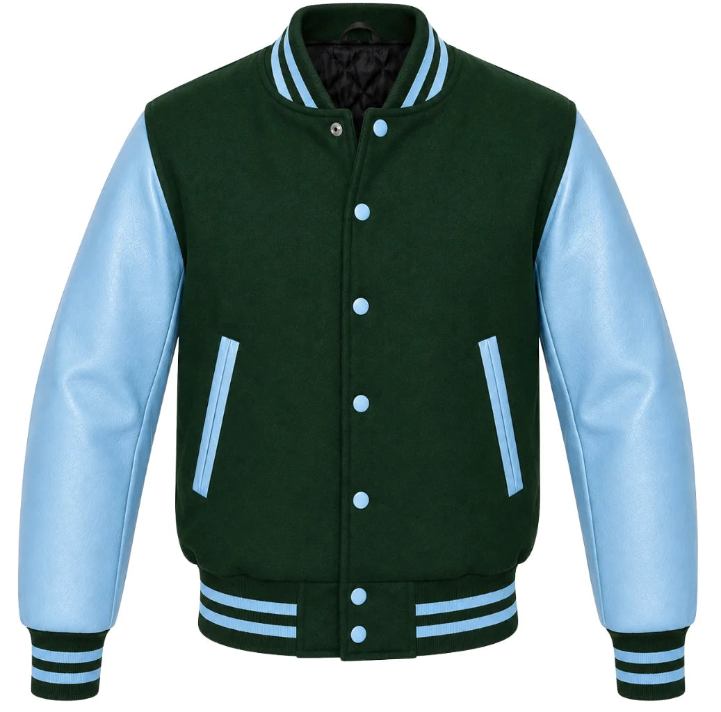 Hunter green melton wool varsity jacket with sky blue leather sleeves, front view