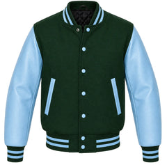 Hunter green melton wool varsity jacket with sky blue leather sleeves, front view