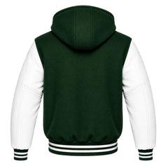 Hunter Green and White Varsity Jacket with Hood