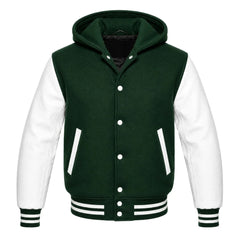 Hunter Green and White Varsity Jacket with Hood