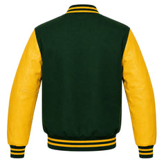 Hunter green wool varsity jacket with yellow cowhide sleeves, back view