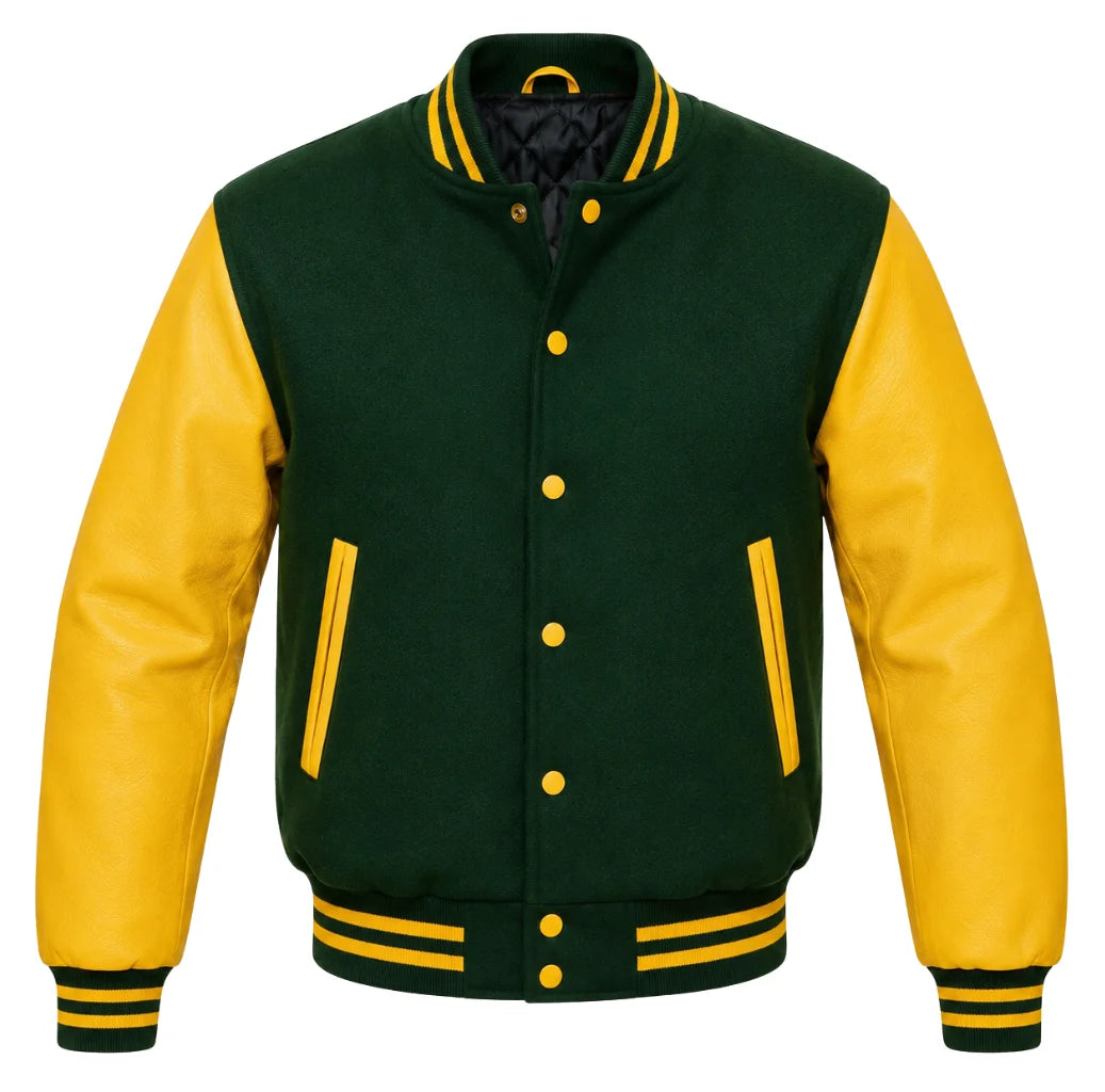 Hunter green melton wool varsity jacket with yellow leather sleeves, front view