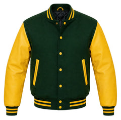 Hunter green melton wool varsity jacket with yellow leather sleeves, front view