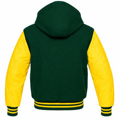 Hunter Green and Yellow Varsity Jacket with Hood