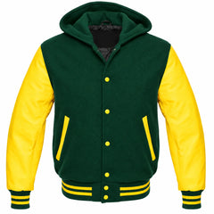 Hunter Green and Yellow Varsity Jacket with Hood
