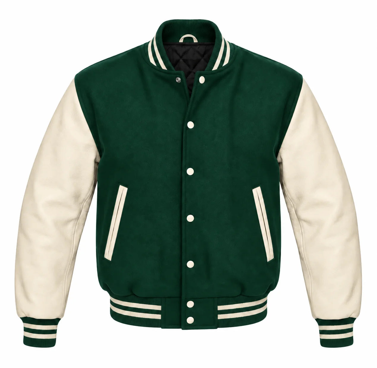 Hunter Green and Cream Letterman Jacket with Wool Body and Leather Sleeves