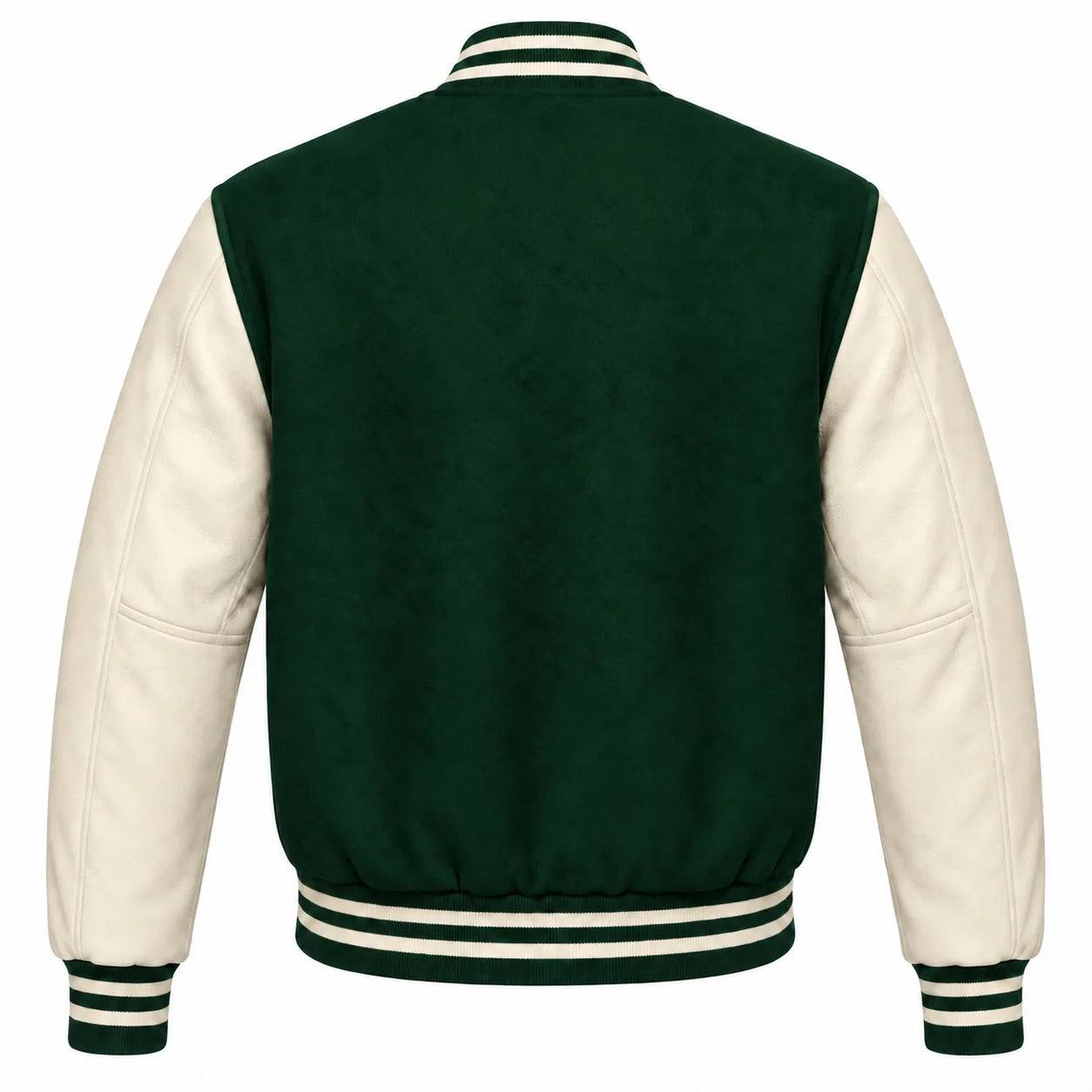 Hunter Green and Cream Letterman Jacket with Wool Body and Leather Sleeves Back View
