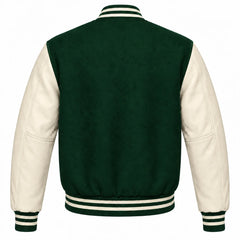Hunter Green and Cream Letterman Jacket with Wool Body and Leather Sleeves Back View