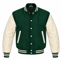 Hunter Green and Cream Letterman Jacket with Wool Body and Leather Sleeves