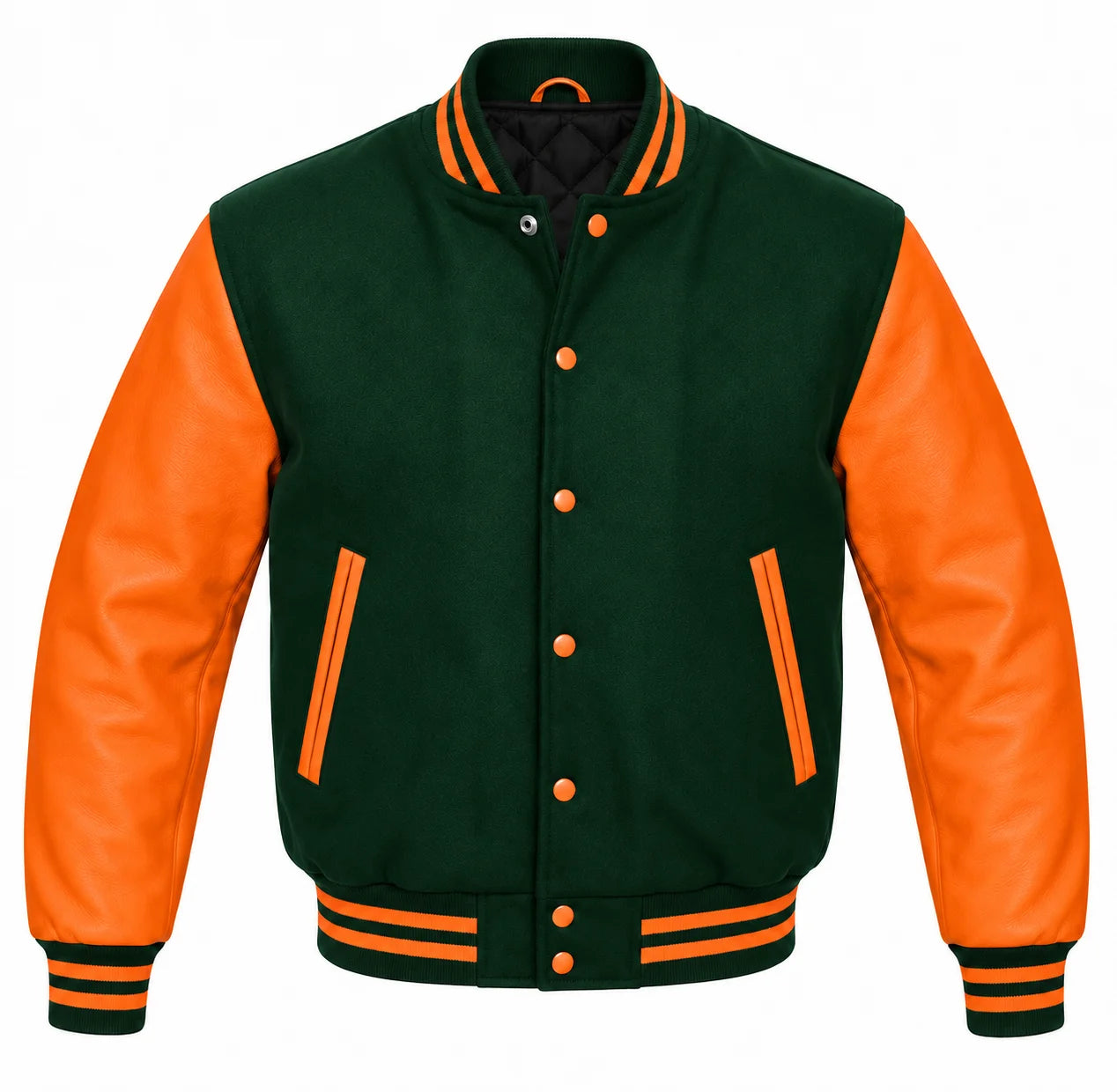 Hunter Green and Orange Varsity Jacket with Wool Body and Leather Sleeves