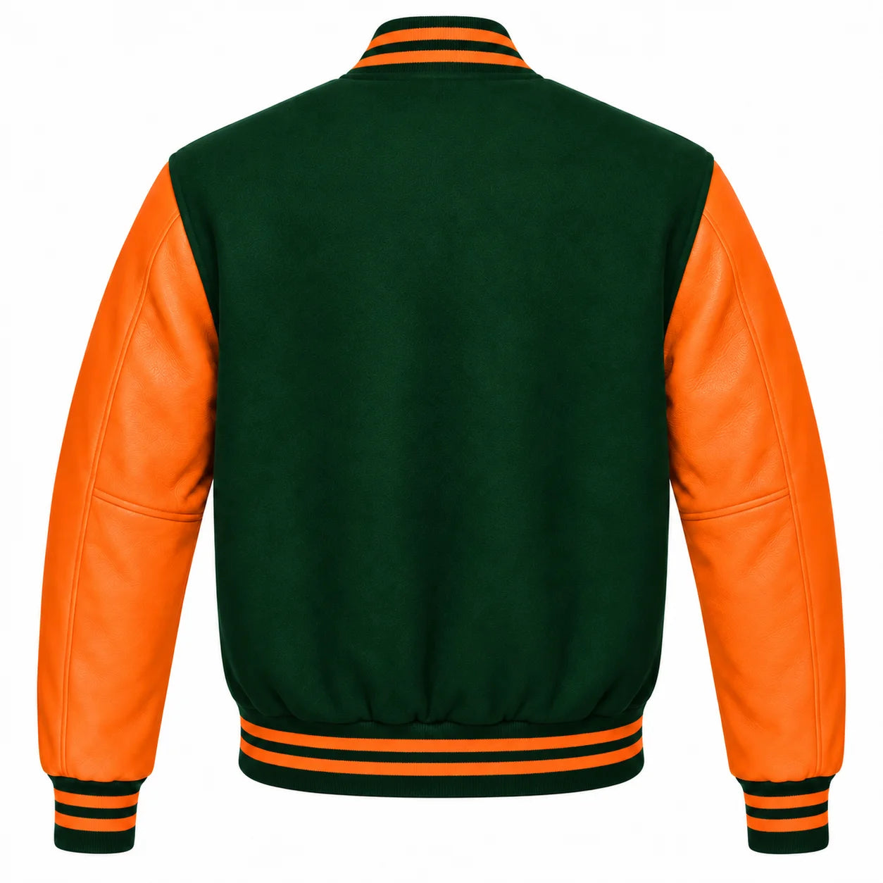 Hunter Green and Orange Varsity Jacket with Wool Body and Leather Sleeves Back View