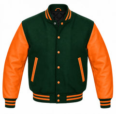 Hunter Green and Orange Varsity Jacket with Wool Body and Leather Sleeves