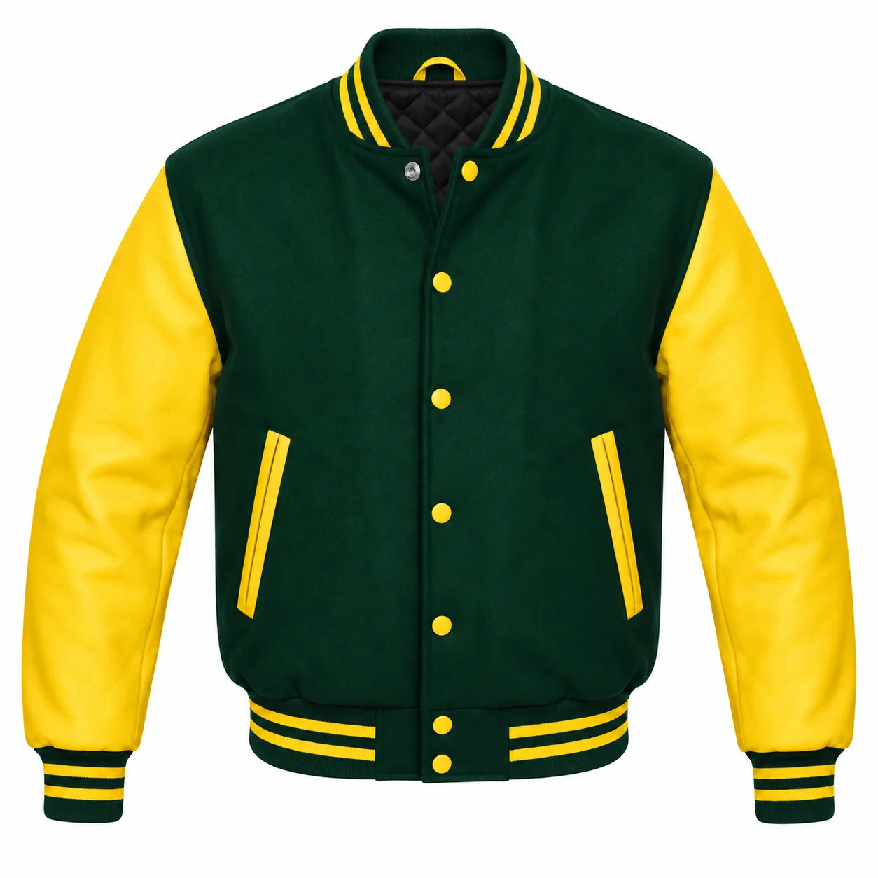 Hunter Green and Yellow Varsity Jacket with Wool Body and Leather Sleeves
