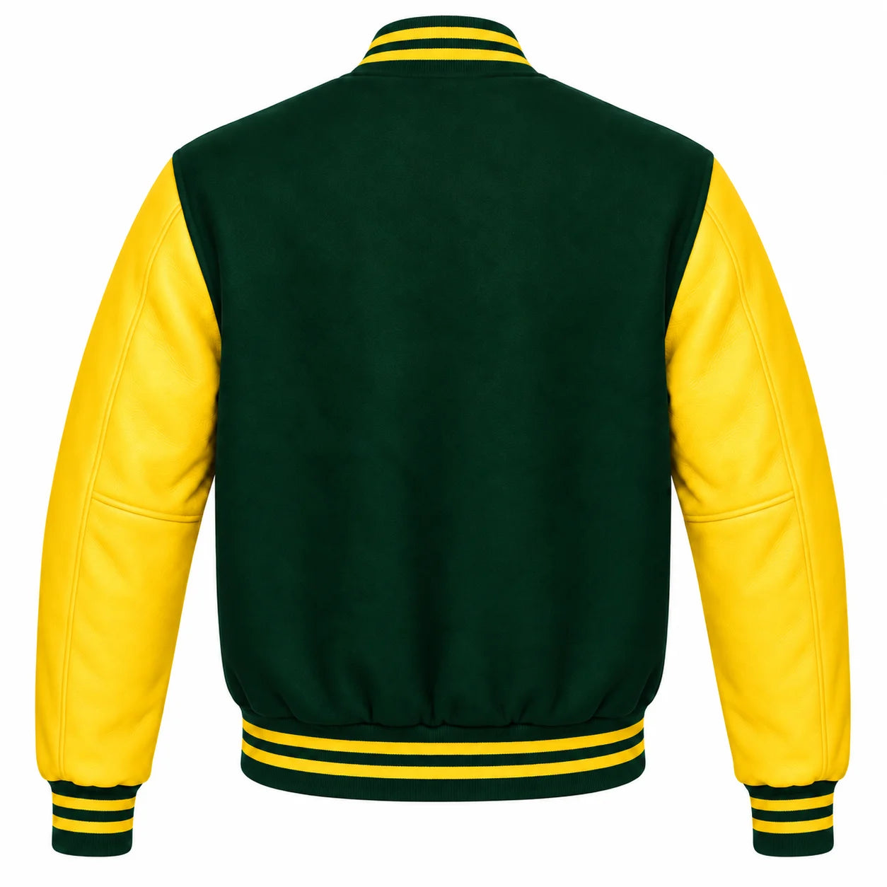 Hunter Green and Yellow Varsity Jacket with Wool Body and Leather Sleeves Back View