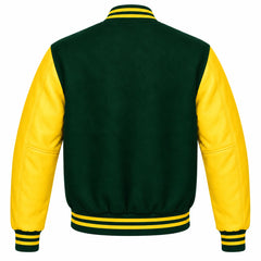 Hunter Green and Yellow Varsity Jacket with Wool Body and Leather Sleeves Back View