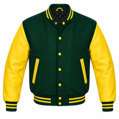 Hunter Green and Yellow Varsity Jacket with Wool Body and Leather Sleeves