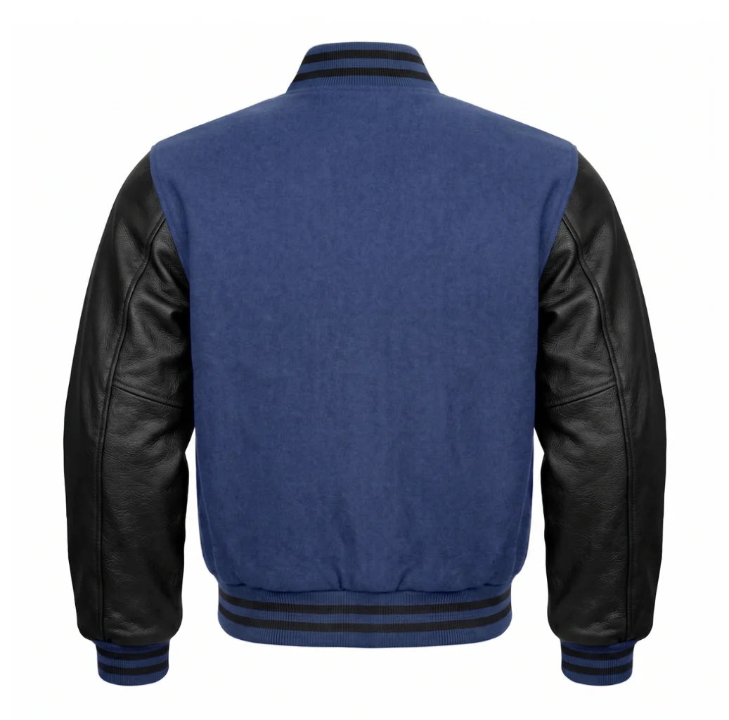Indigo and Black Varsity Jacket with Wool Body and Leather Sleeves Back View
