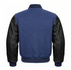 Indigo and Black Varsity Jacket with Wool Body and Leather Sleeves Back View