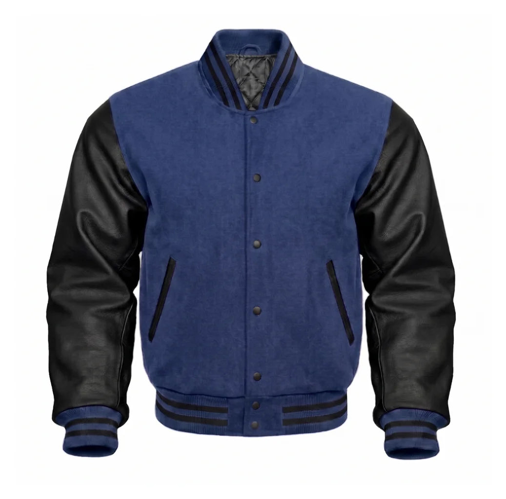 Indigo and Black Varsity Jacket with Wool Body and Leather Sleeves