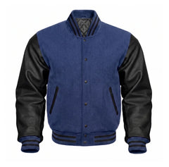 Indigo and Black Varsity Jacket with Wool Body and Leather Sleeves