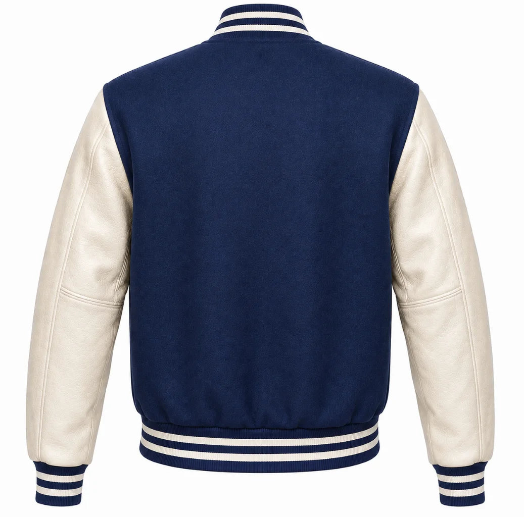 Indigo wool varsity jacket with cream leather sleeves, back view
