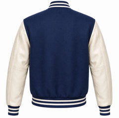 Indigo wool varsity jacket with cream leather sleeves, back view