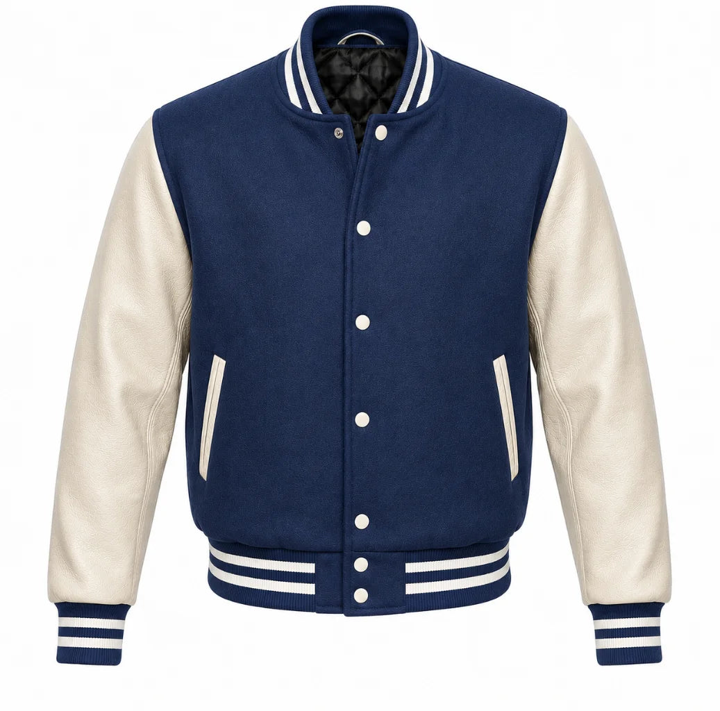 Indigo melton wool varsity jacket with cream cowhide leather sleeves, front view