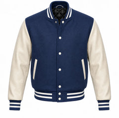 Indigo melton wool varsity jacket with cream cowhide leather sleeves, front view