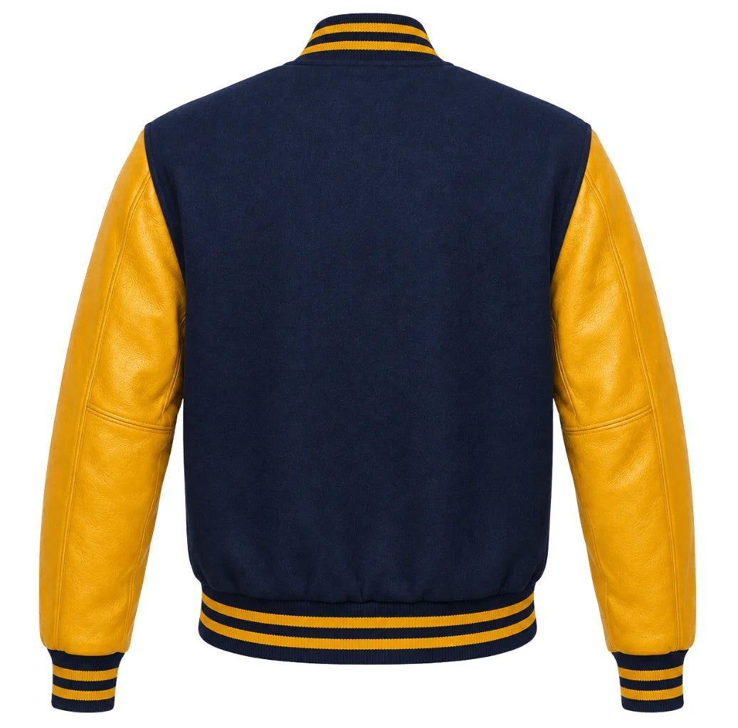 Indigo wool varsity jacket with gold cowhide sleeves, back view