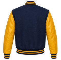 Indigo wool varsity jacket with gold cowhide sleeves, back view