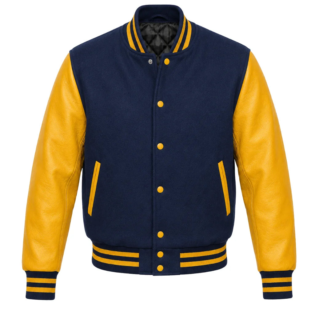 Indigo melton wool varsity jacket with gold leather sleeves, front view