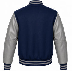 Indigo wool varsity jacket with grey leather sleeves, back view