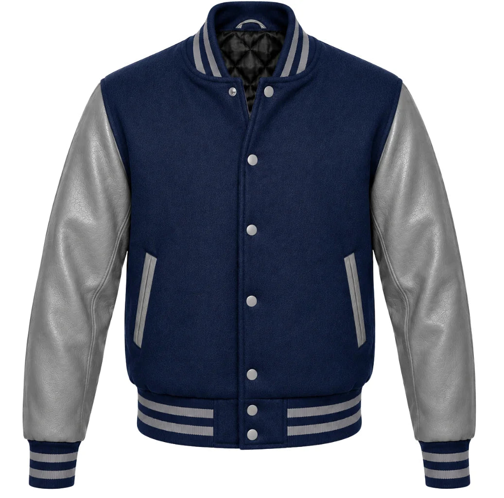 Indigo melton wool varsity jacket with grey cowhide leather sleeves, front view