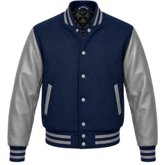 Indigo melton wool varsity jacket with grey cowhide leather sleeves, front view