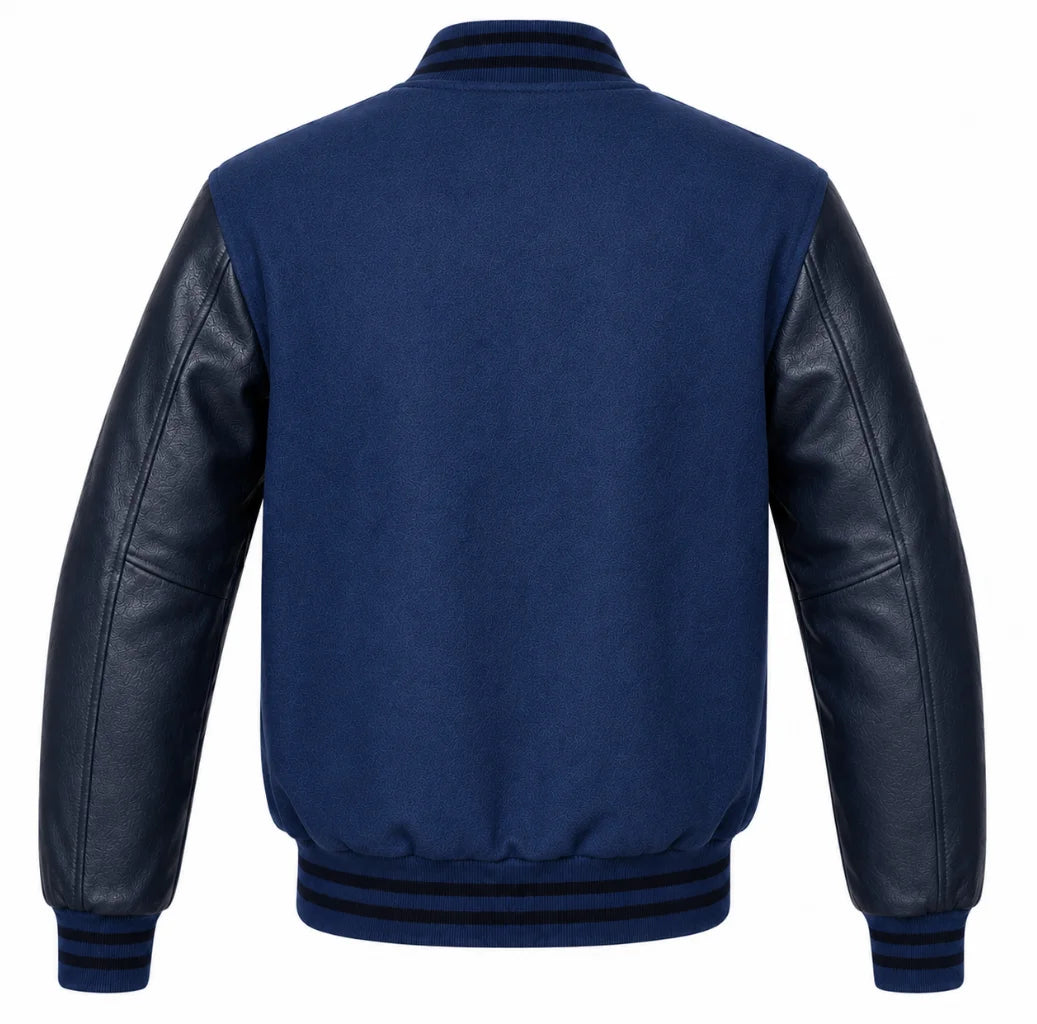 Indigo wool letterman jacket with navy blue cowhide sleeves, back view